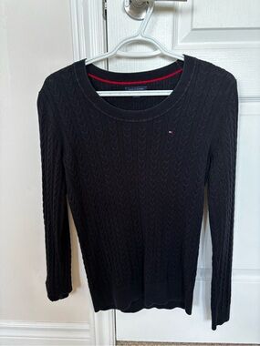 Tommy Hilfiger Black Cable-Knit Crewneck Sweater with Red Trim